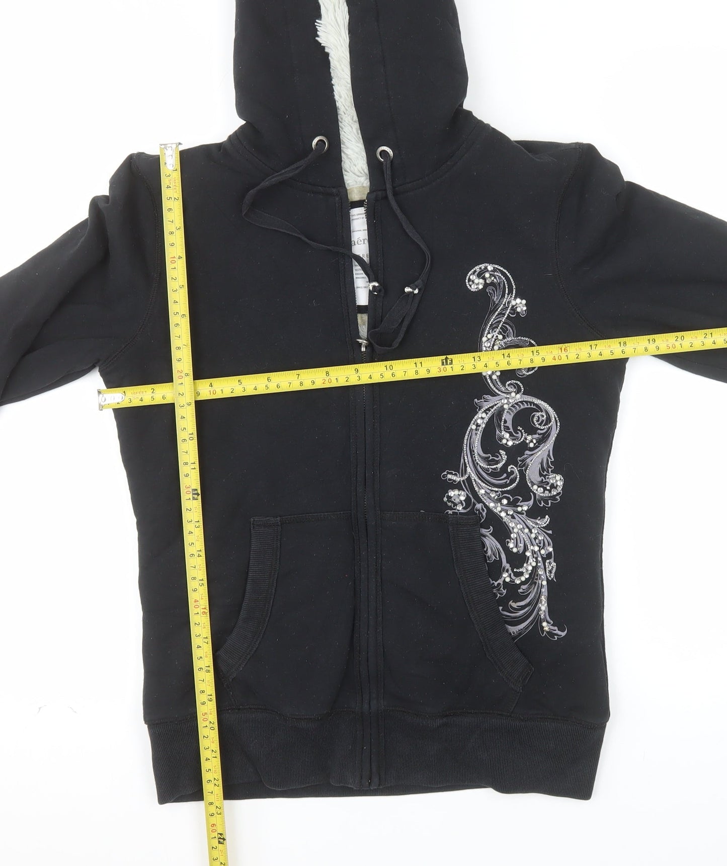 Aeropostale Womens Black Embellished Full Zip Hoodie M Lined Fur Sweatshirt