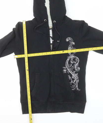 Aeropostale Womens Black Embellished Full Zip Hoodie M Lined Fur Sweatshirt