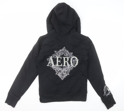Aeropostale Womens Black Embellished Full Zip Hoodie M Lined Fur Sweatshirt