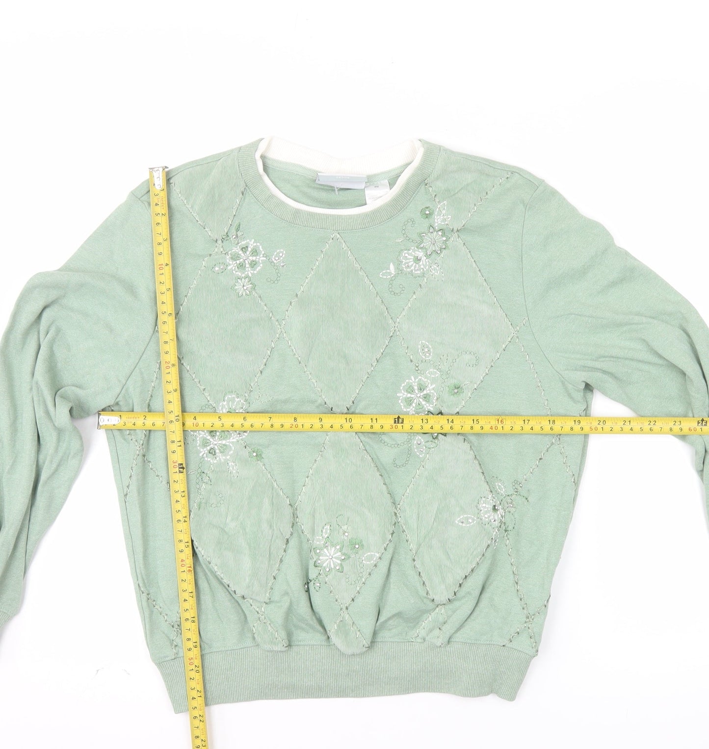 Alfred Dunner Petite Green Embroidered Argyle Long Sleeve Sweatshirt PM