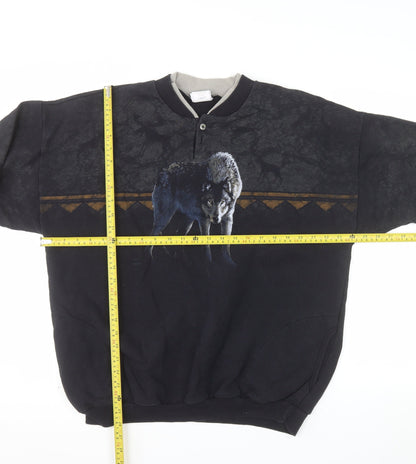 Artisans Sunschein Designs Men’s Black Wolf Graphic Henley Sweatshirt XL