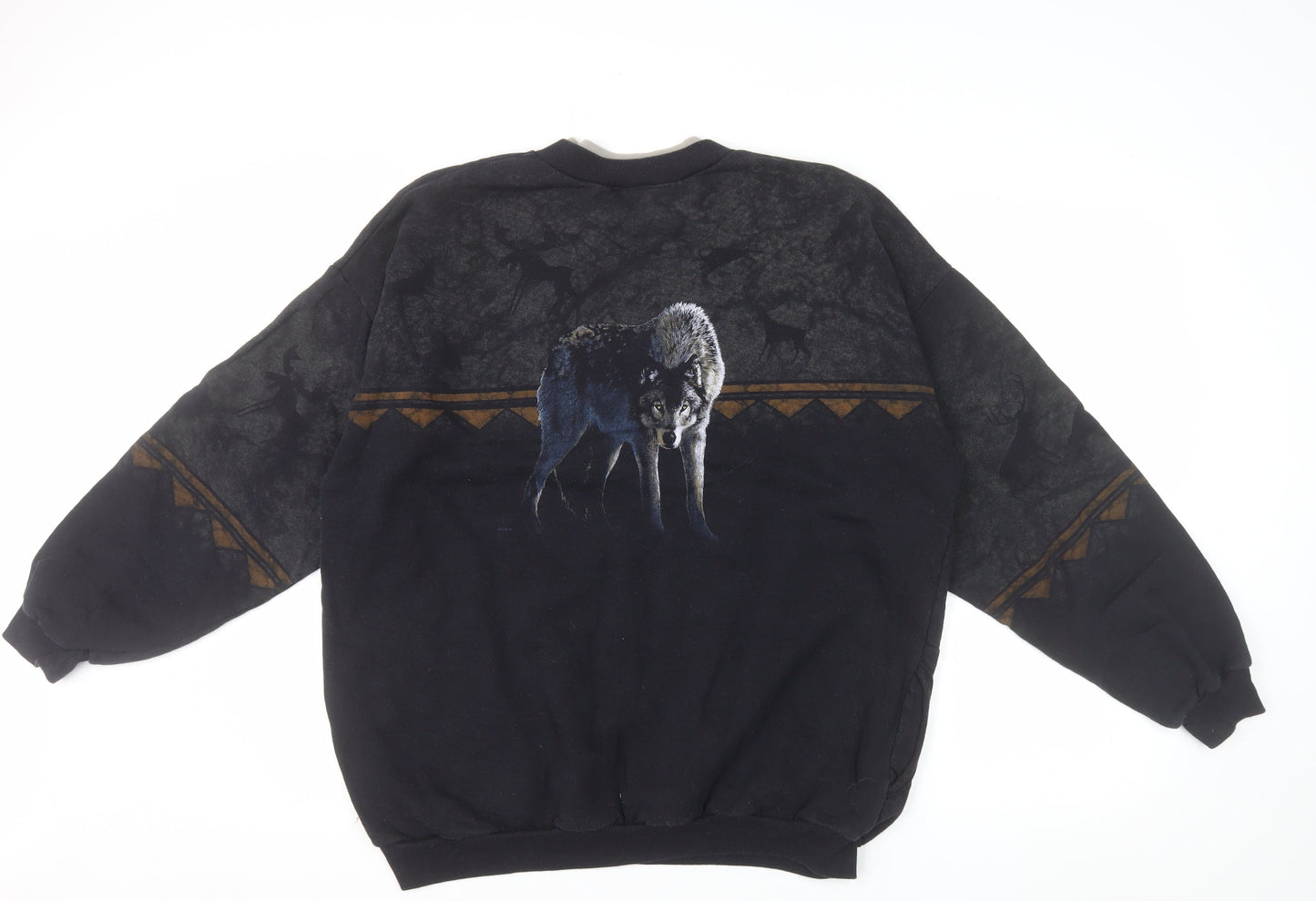 Artisans Sunschein Designs Men’s Black Wolf Graphic Henley Sweatshirt XL