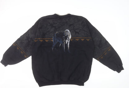 Artisans Sunschein Designs Men’s Black Wolf Graphic Henley Sweatshirt XL