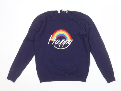Harkel Women's Blue Rainbow Happy Crew Neck Cotton Jumper Size 8