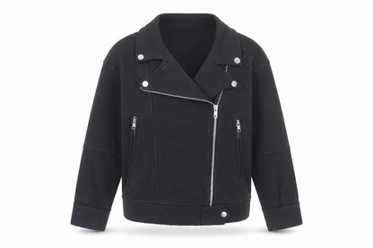 Front view of Next girls’ black biker jacket 9 years cotton blend zip pockets