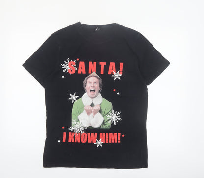 Elf Men's Black Christmas Graphic T-Shirt Size M Funny Santa Design