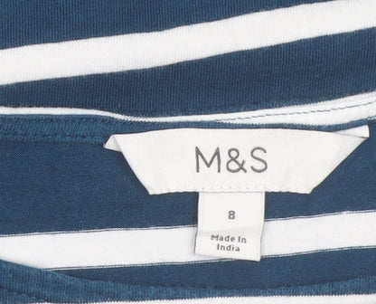 Marks and Spencer Women's Blue Striped Long Sleeve Boat Neck Top Size 8