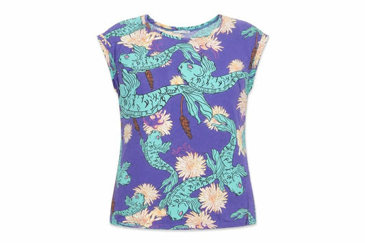 Zara Women Blue Fish Print Sleeveless Cotton T-Shirt Size 8