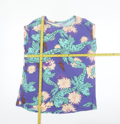 Zara Women Blue Fish Print Sleeveless Cotton T-Shirt Size 8