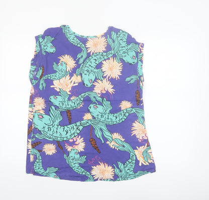 Zara Women Blue Fish Print Sleeveless Cotton T-Shirt Size 8