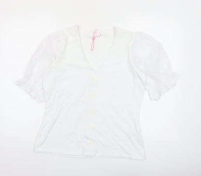 Savida Women White V-Neck Puff Sleeve Button Blouse Size 12