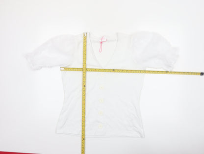 Savida Women White V-Neck Puff Sleeve Button Blouse Size 12