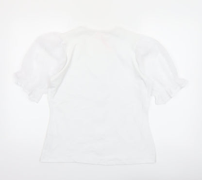 Savida Women White V-Neck Puff Sleeve Button Blouse Size 12