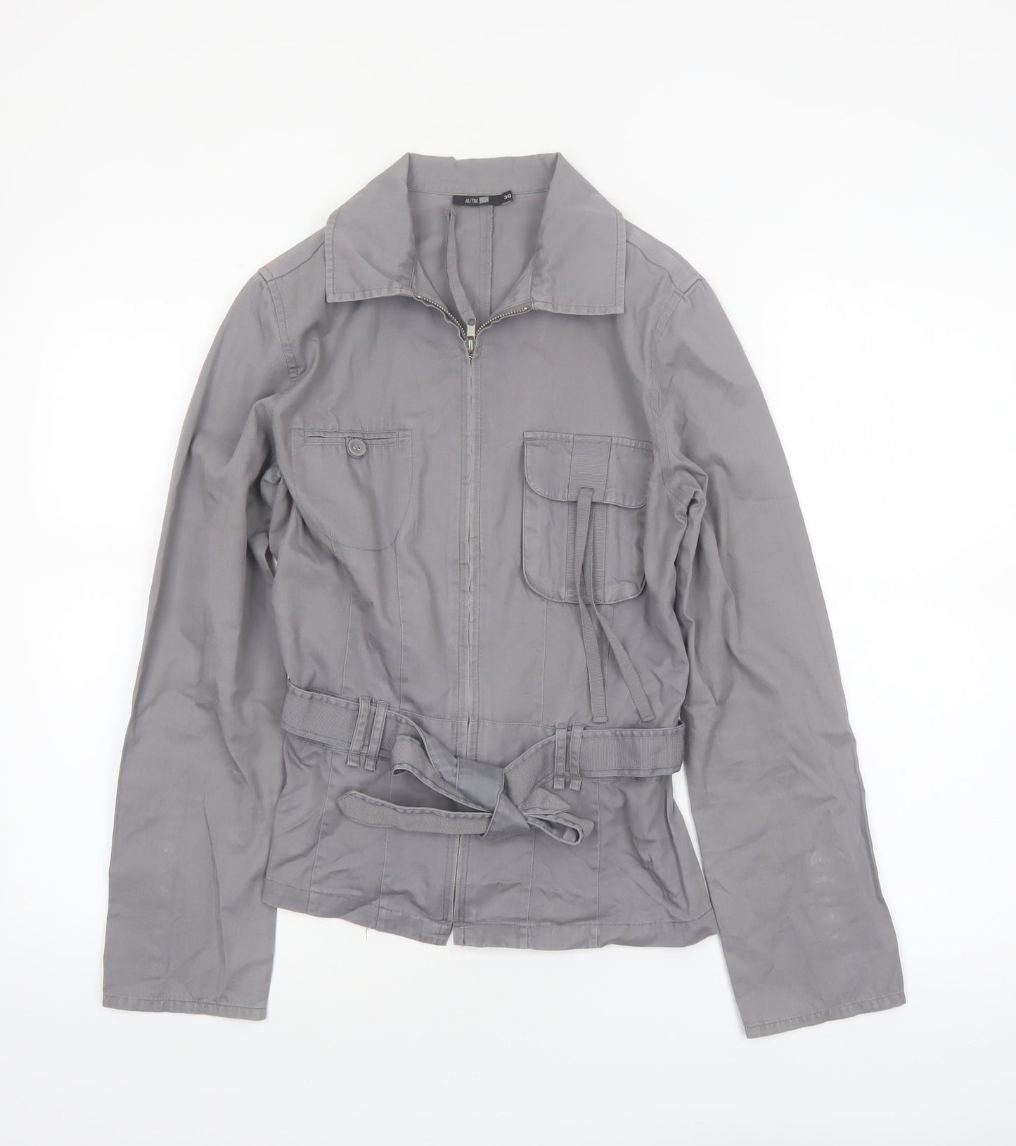 Autre Ton Womens Grey Cotton Utility Jacket Size 8 Belted Zip Up