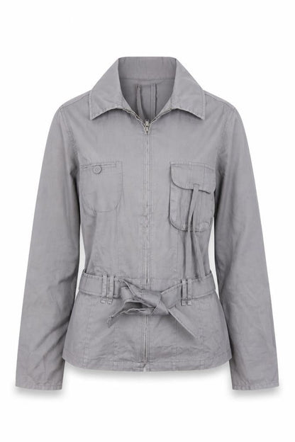 Autre Ton Womens Grey Cotton Utility Jacket Size 8 Belted Zip Up