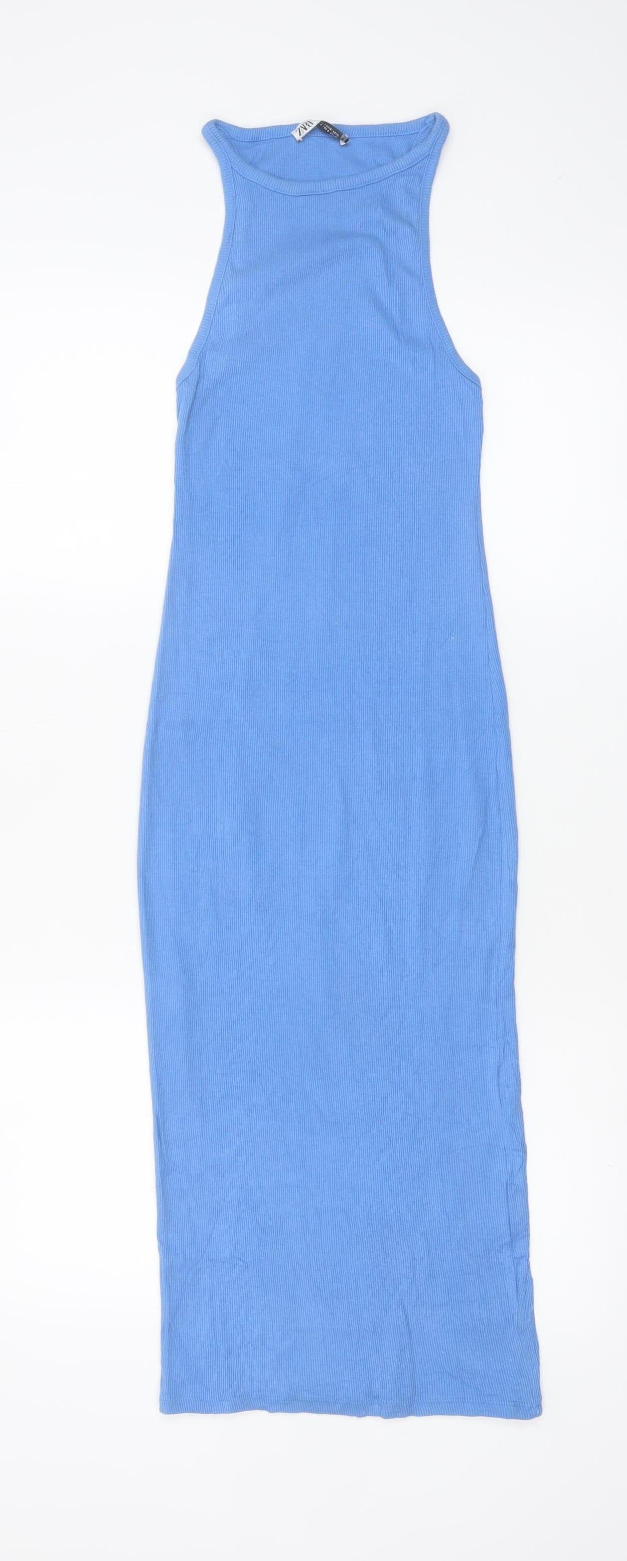 Zara Women Blue Ribbed Cotton Bodycon Midi Dress Size S