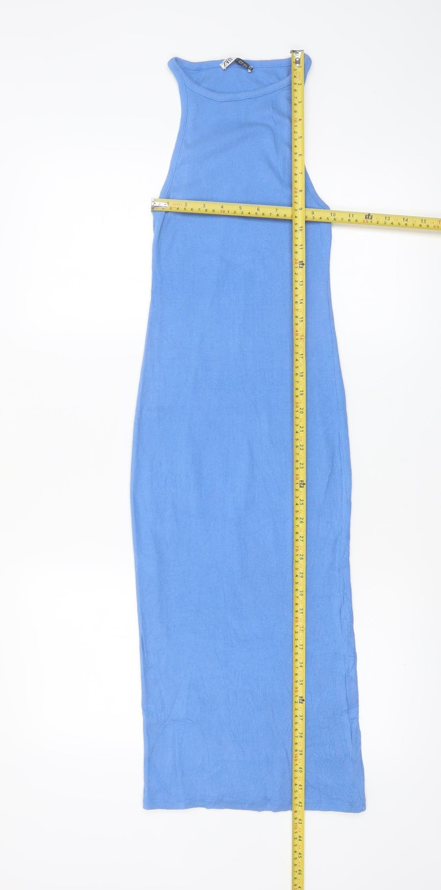 Zara Women Blue Ribbed Cotton Bodycon Midi Dress Size S