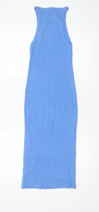 Zara Women Blue Ribbed Cotton Bodycon Midi Dress Size S