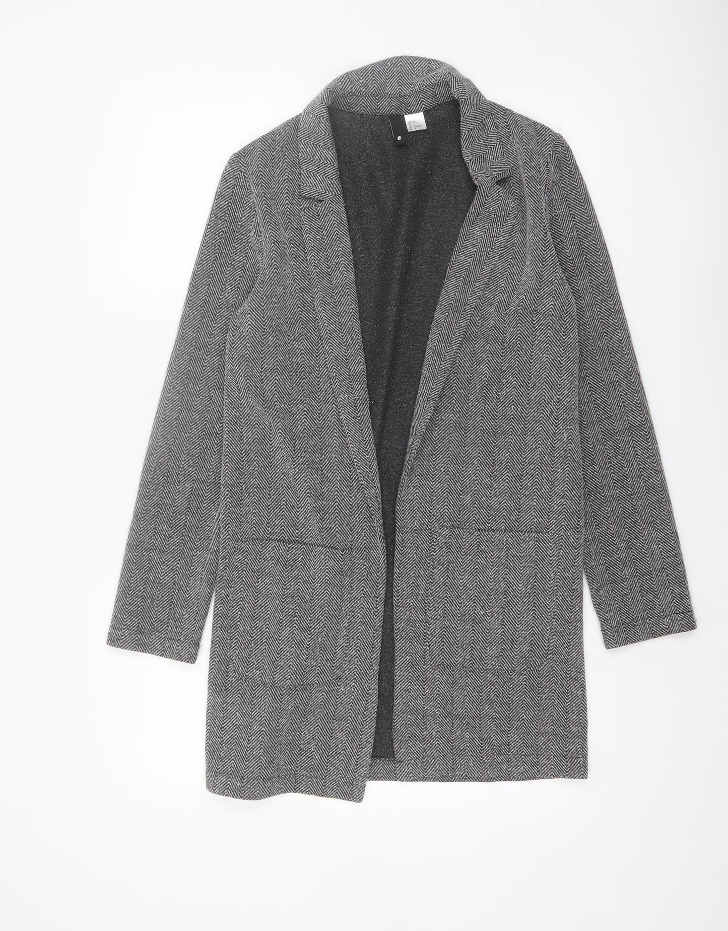 H&M Divided Women’s Grey Herringbone Coatigan Size 6 Longline Open Front