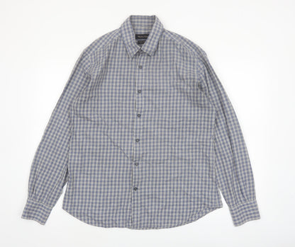 Massimo Dutti Men's Blue Check Button-Up Shirt Size L Long Sleeve Cotton
