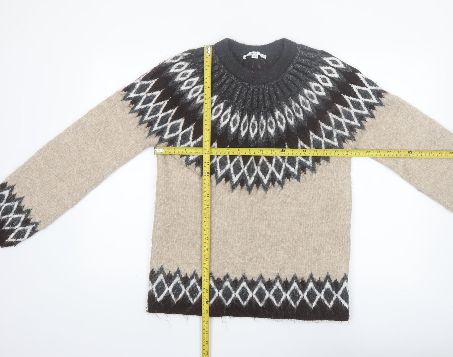 Next Women’s Beige Geometric Knit Jumper Size S Crew Neck Long Sleeve