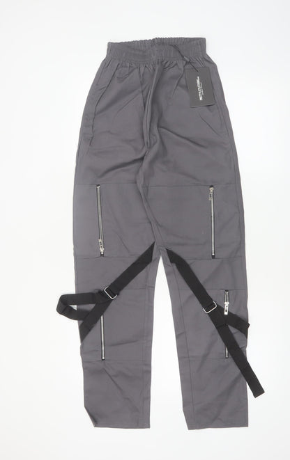 PrettyLittleThing Women Grey Cargo Trousers UK 4 Utility Zip Strap Pants