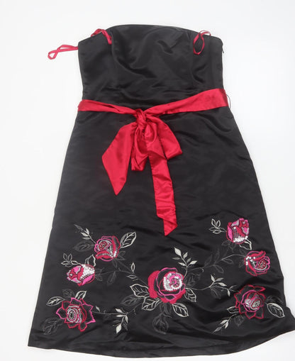 Début Womens Black Red Floral Embroidered Strapless Knee Dress Size 12