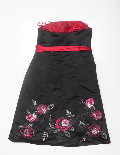Début Womens Black Red Floral Embroidered Strapless Knee Dress Size 12