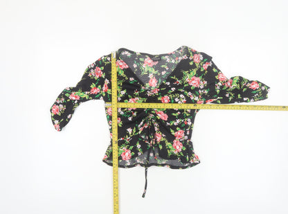 Topshop Petite Women's Black Floral V-Neck Ruched Tunic Blouse UK 6
