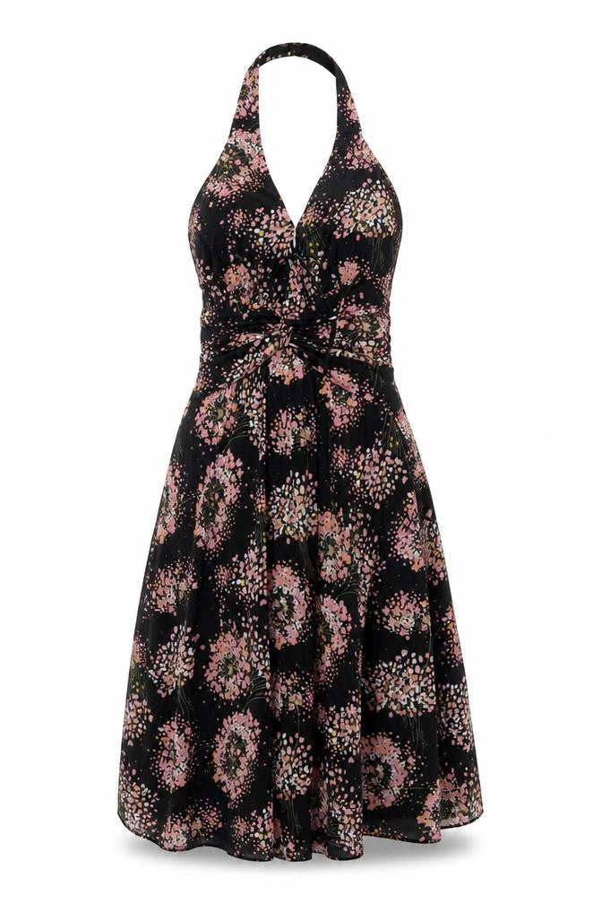 Mango Suit Women's Black Floral Halter Knee Length Dress Size 8