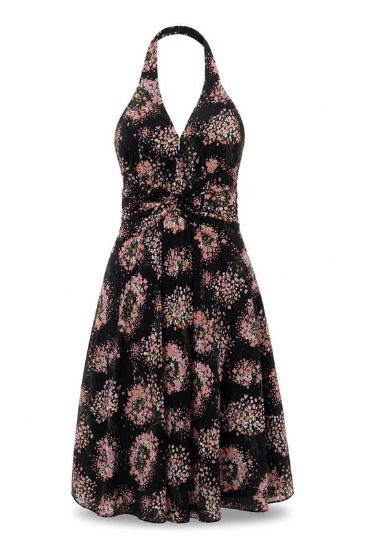 Mango Suit Women's Black Floral Halter Knee Length Dress Size 8