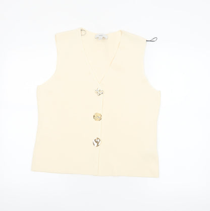 Marks and Spencer Women Beige Sleeveless V-Neck Button Blouse M