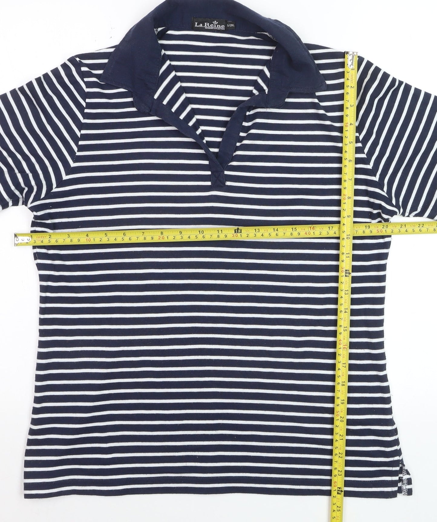 La Reine Women Blue Striped Cotton Polo Shirt 2XL