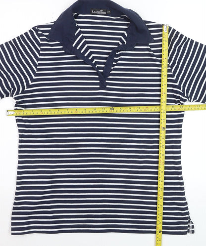 La Reine Women Blue Striped Cotton Polo Shirt 2XL