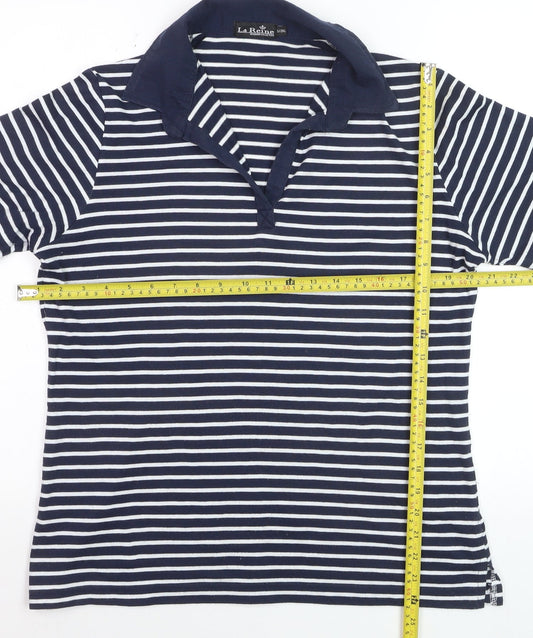 La Reine Women Blue Striped Cotton Polo Shirt 2XL