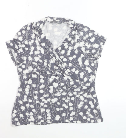Laura Ashley Women’s Grey Floral Wrap Blouse UK 14 Short Sleeve Cotton