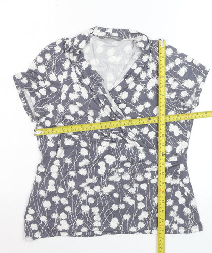 Laura Ashley Women’s Grey Floral Wrap Blouse UK 14 Short Sleeve Cotton