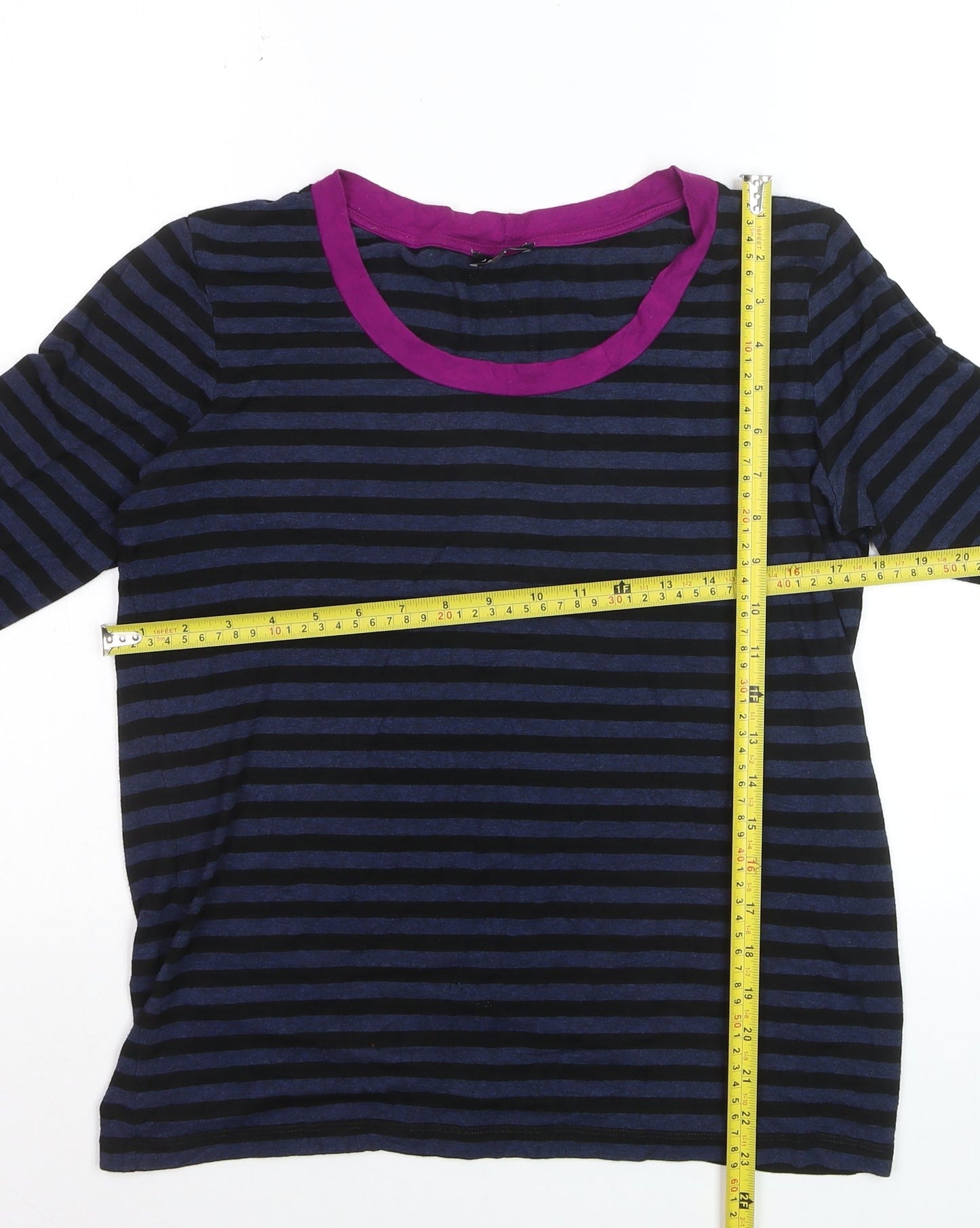 Jaeger Womens Blue Striped 3/4 Sleeve Jersey T-Shirt L