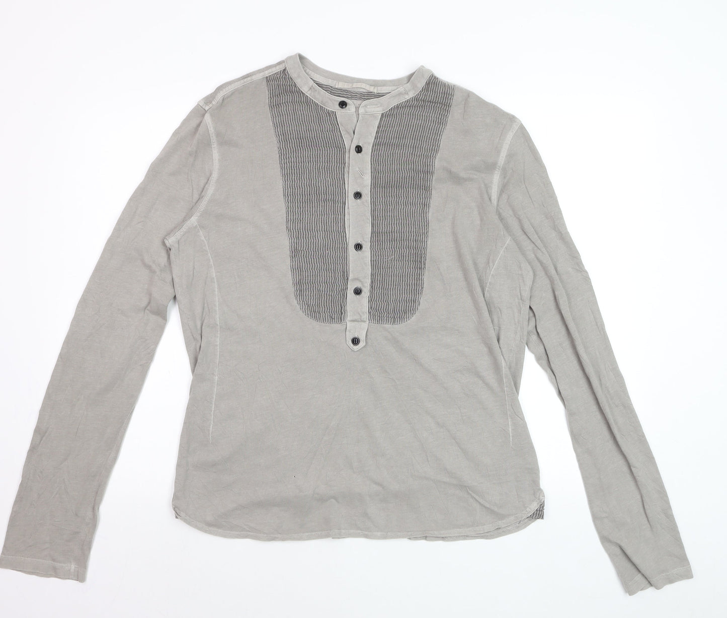 AllSaints Men’s Grey Cotton Henley Shirt M Long Sleeve Casual