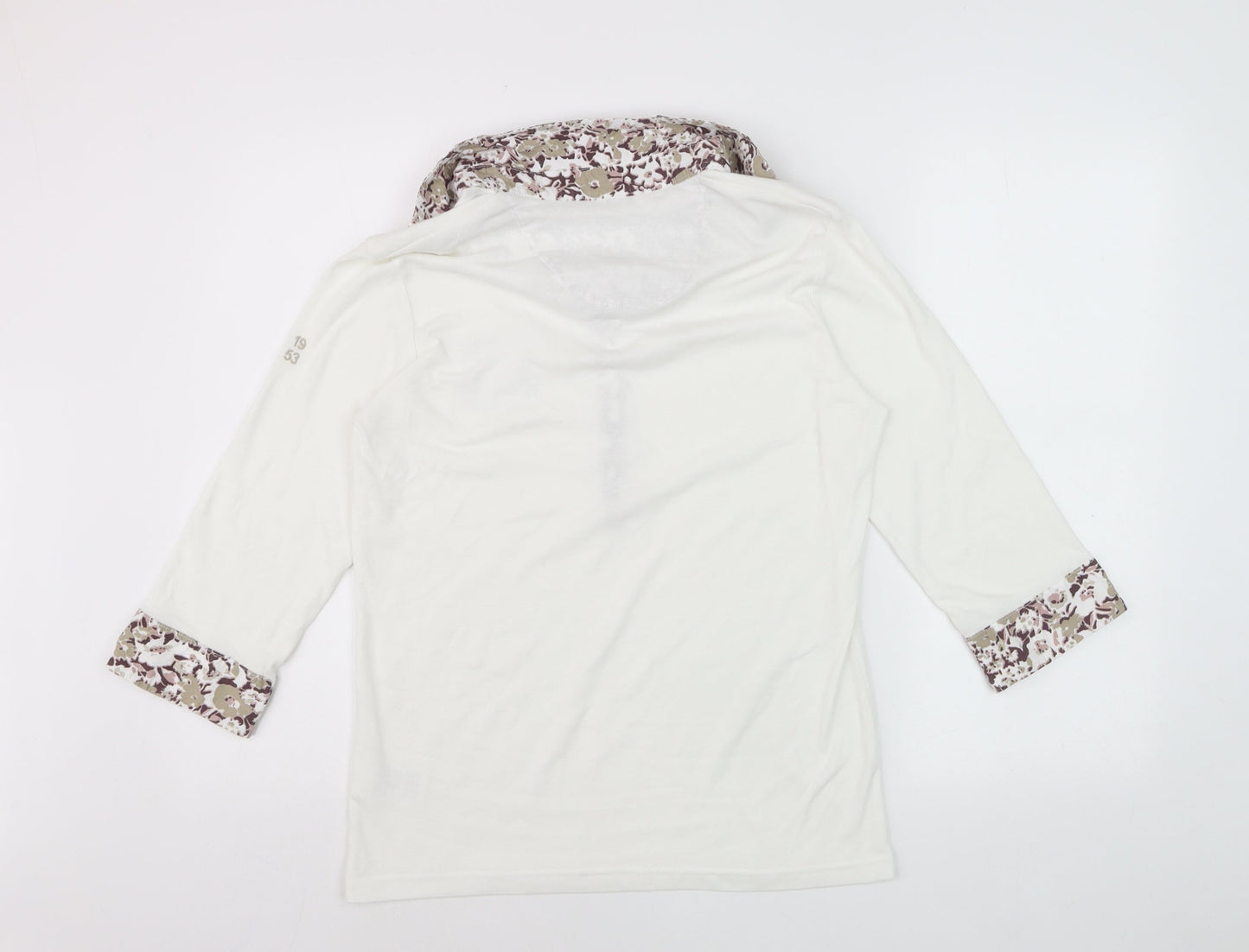 Damart Women's Ivory Floral Trim Collared 3/4 Sleeve Polo Top Size 14