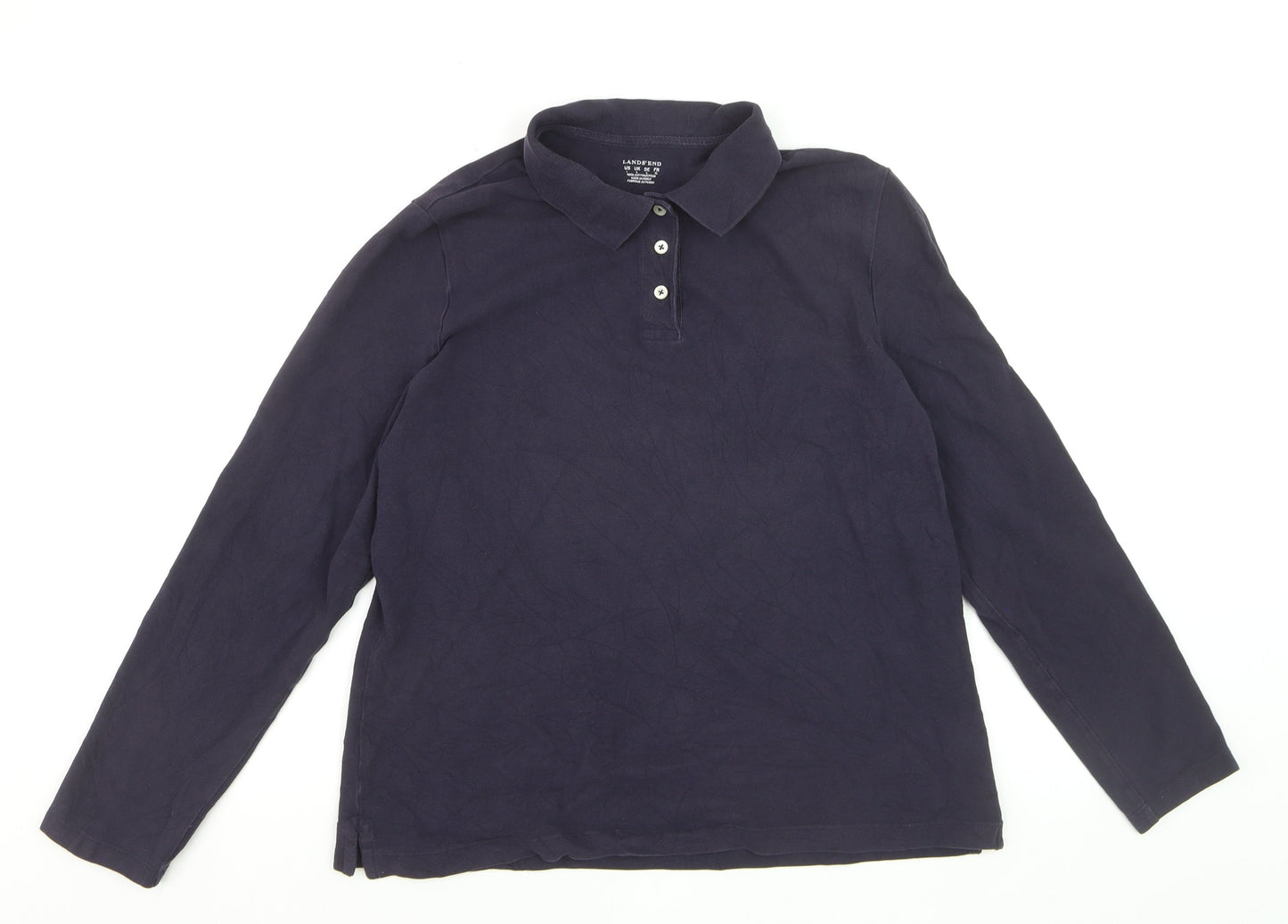 Lands' End Men Navy Long Sleeve 100% Cotton Polo Shirt XL Classic Fit