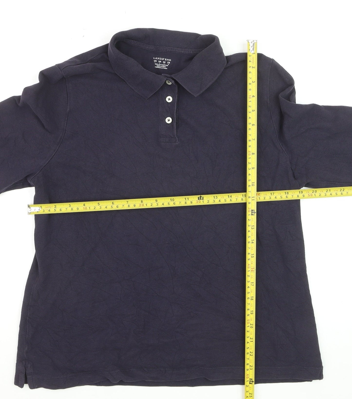 Lands' End Men Navy Long Sleeve 100% Cotton Polo Shirt XL Classic Fit