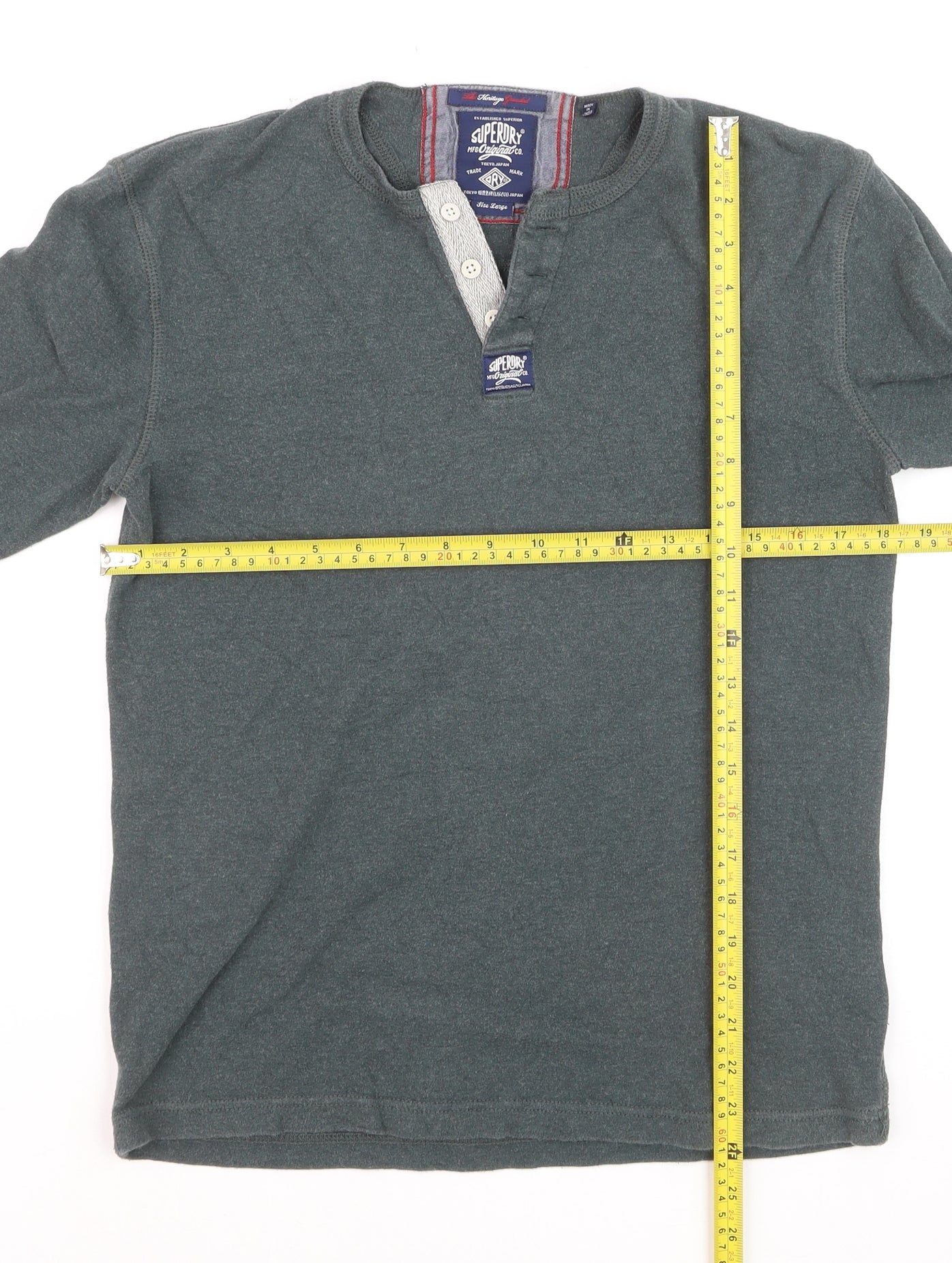 Superdry Men’s Green Long Sleeve Henley Top Size L Cotton Casual