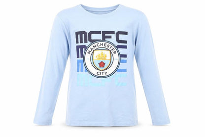 Front view of Manchester City boys’ blue long sleeve pyjama top 11-12 years football sportswear