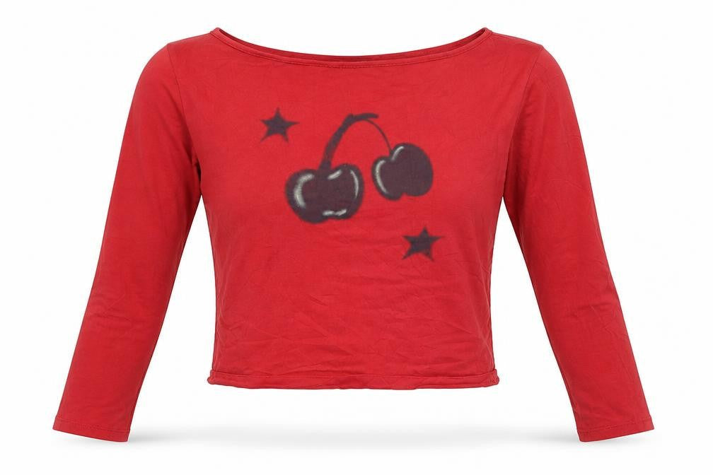 Motel Rocks Women's Red Cropped Long Sleeve Cherry T-Shirt Size M
