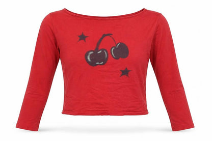 Motel Rocks Women's Red Cropped Long Sleeve Cherry T-Shirt Size M