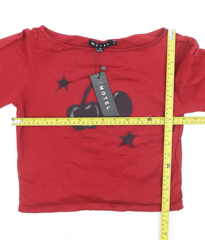 Motel Women's Red Cropped Long Sleeve Cherry T-Shirt Size M