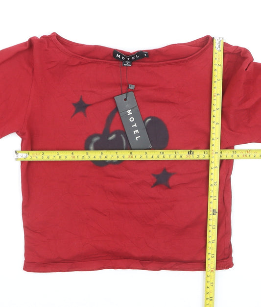 Motel Women's Red Cropped Long Sleeve Cherry T-Shirt Size M