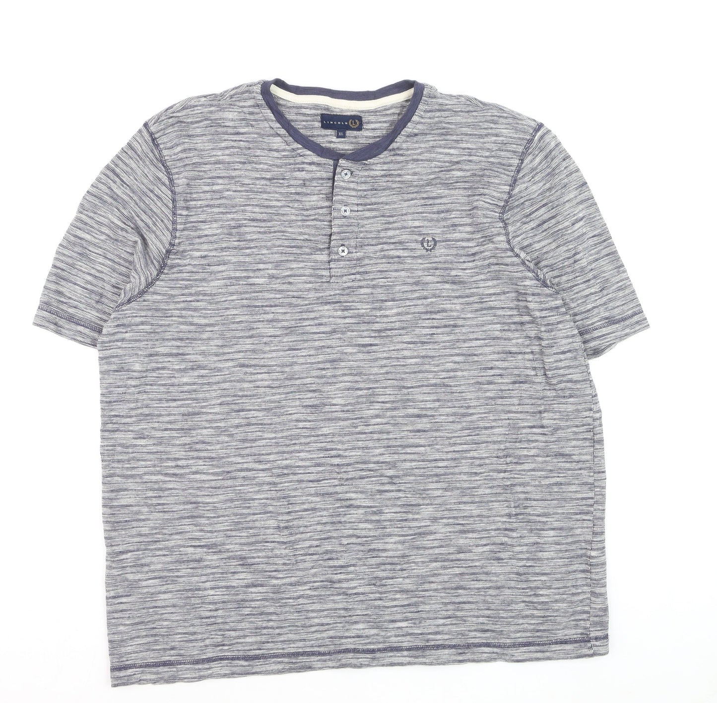 Lincoln Mens Blue Striped Henley Short Sleeve Cotton Shirt XL