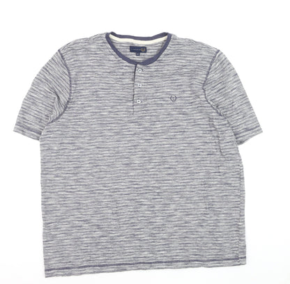 Lincoln Mens Blue Striped Henley Short Sleeve Cotton Shirt XL